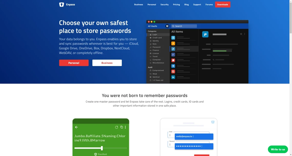 Blauer Website-Header; rechts Screenshot eines Passwort-Managers; darunter zwei Smartphone-Darstellungen.