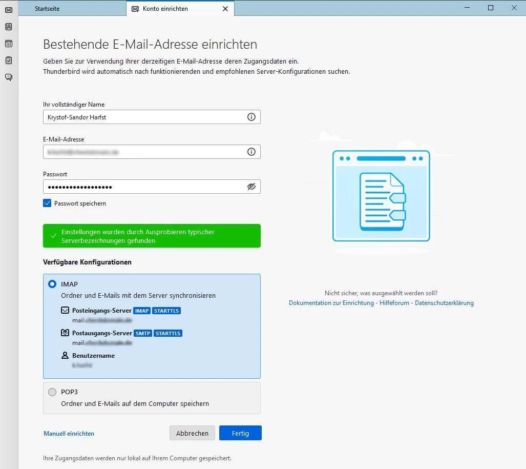 Screenshot eines E-Mail-Einrichtung-Fensters mit Feldern für Name, E-Mail und Passwort; grüner Hinweis; blauer Bereich; rechts Dokument-Icon.
