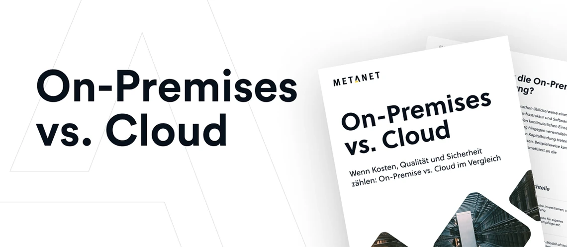 Weiße Seite mit großem Titel 'On-Premises vs. Cloud' und einer Broschüre mit demselben Titel; dünne Hintergrundlinien.