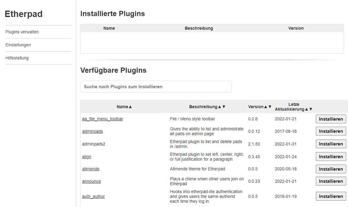 Screenshot einer Plugin-Verwaltung: linke Leiste; leere Installierte Plugins-Tabelle; darunter Verfügbare Plugins-Liste.