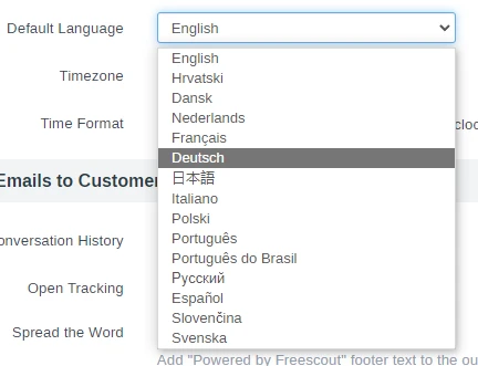 Offenes Dropdown-Menü 'Default Language' mit Sprachenliste; Deutsch hervorgehoben.