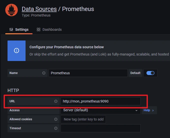 Prometheus-Datenquelle: URL-Feld mit http://mon_prometheus:9090, dunkles UI, blaues Info-Icon.