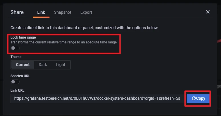 Schwarzes Grafana-Share-Dialogfenster; Link-Tab offen; 'Lock time range' mit Beschreibung; URL-Feld mit Copy-Button unten rechts.