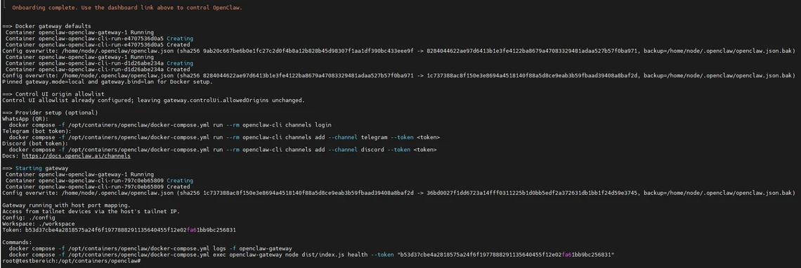 Screenshot eines dunklen Terminalfensters mit farbigem Code und Protokollen.