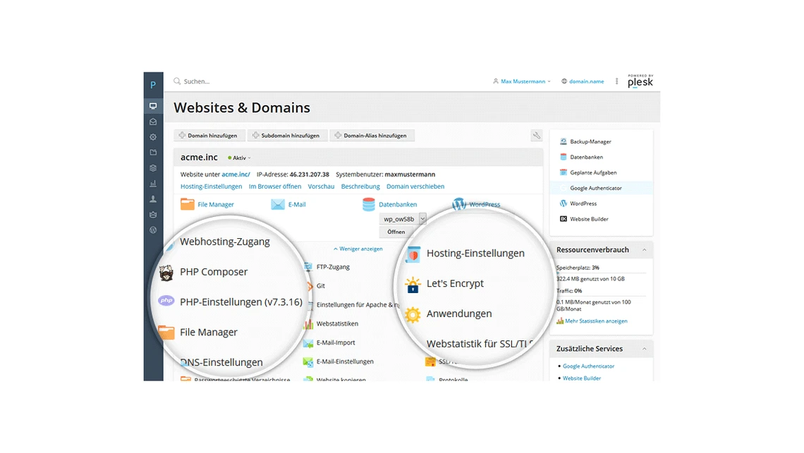 Screenshot eines Hosting-Dashboards mit Websites & Domains, linker Seitenleiste und zentraler Domainliste.
