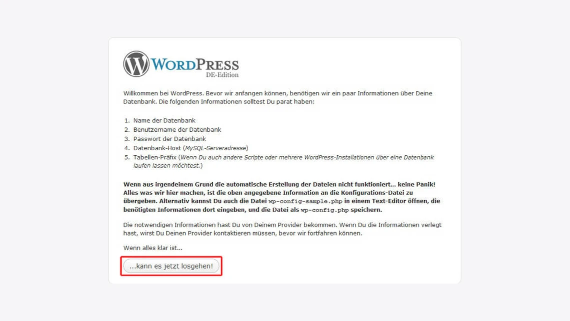 WordPress-Anmeldeseite mit Logo oben links, mehrzeiligem Text und roter Umrandung einer Schaltfläche unten.