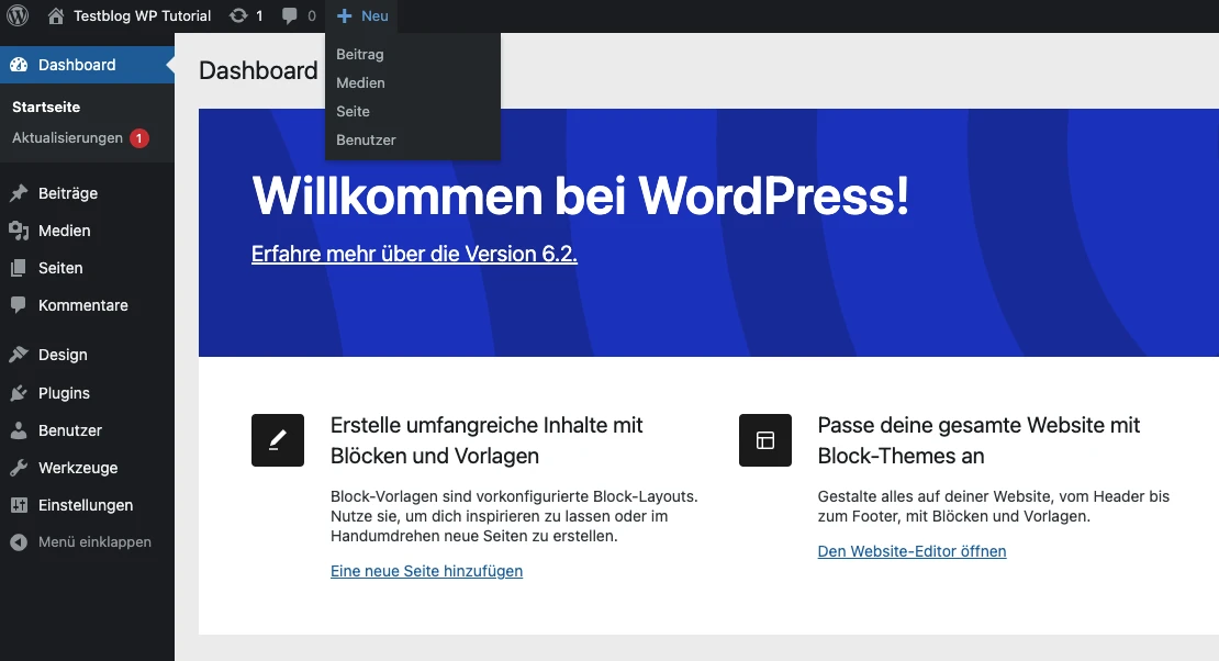 WordPress-Dashboard: linke dunkle Seitenleiste, blauer Willkommensbanner Willkommen bei WordPress und zwei Karten darunter.