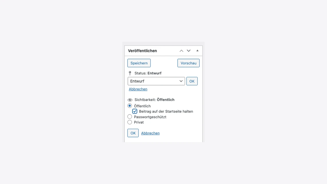 Kleines Publikationsfenster mit Titel Veröffentlichen, Buttons Speichern, Vorschau, OK, Abbrechen und Sichtbarkeit Öffentlich.
