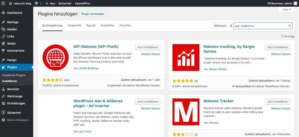 Screenshot der WordPress-Plugin-Seite mit vier Karten: WP-Matomo, Matomo Tracking, WordPress Ads & AdSense, Matomo Tracker.
