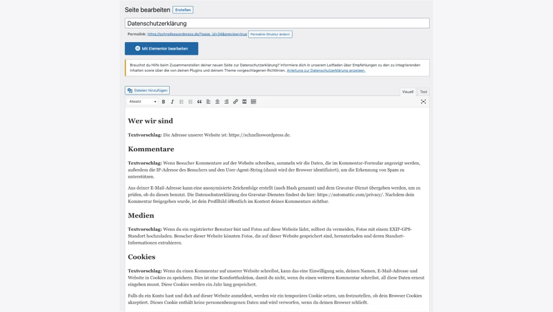 Screenshot einer Bearbeitungsseite mit Datenschutzerklärung; Überschriften: Wer wir sind, Kommentare, Medien, Cookies.