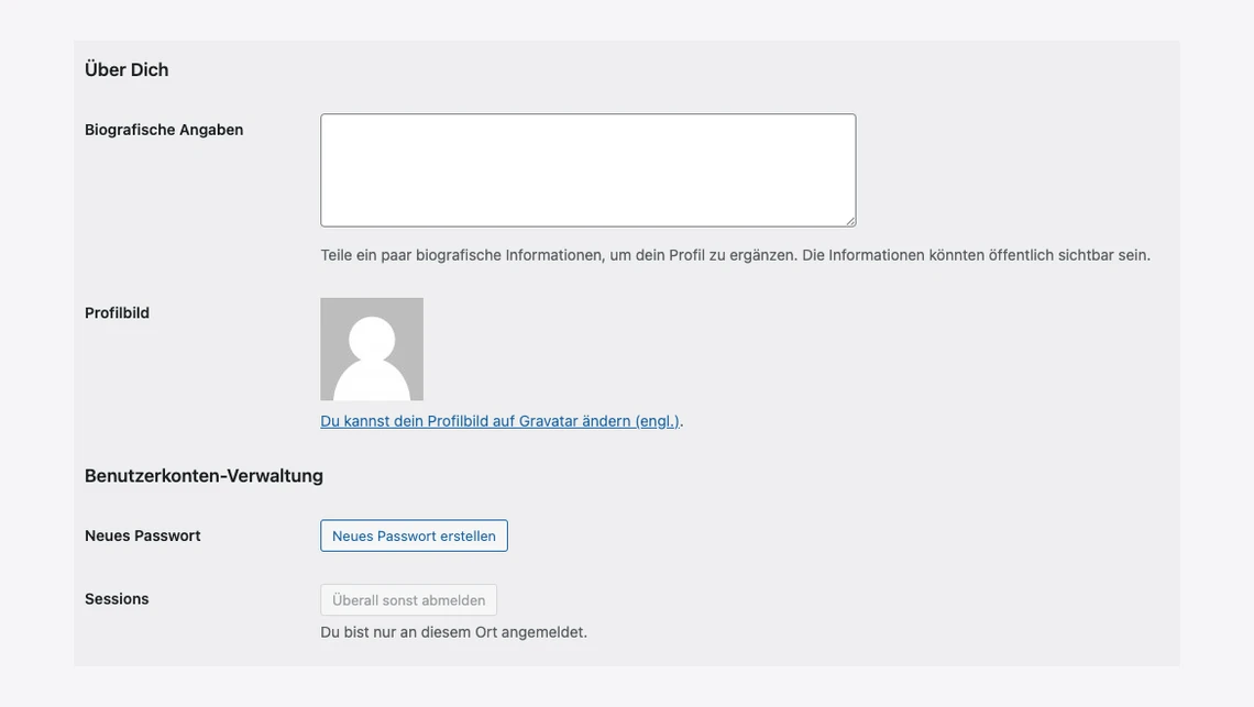 Hellgraue Profilseite mit Biografischen Angaben, großem Textfeld und grauem Profilbild-Platzhalter.