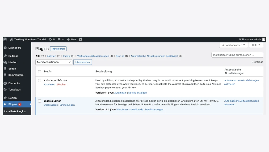 Screenshot der WordPress-Admin-Seite Plugins: linke Menüleiste, obere Leiste, Pluginsliste mit Akismet und Classic Editor.