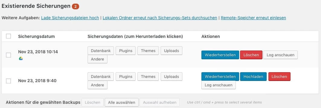 Screenshot einer Backup-Verwaltung mit zwei Sicherungen (Nov 23, 2018 10:14; 9:40) und Buttons Wiederherstellen/Löschen.