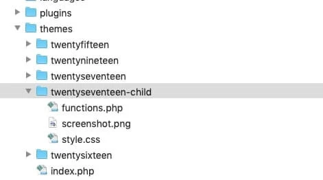 Dateibaum mit Ordner Plugins und Themes; Unterordner twentyseventeen-child mit functions.php, screenshot.png, style.css