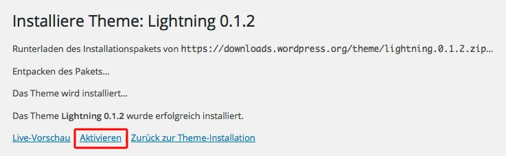 Installiere Theme: Lightning 0.1.2 – Links: Live-Vorschau, Aktivieren, Zurück zur Theme-Installation.