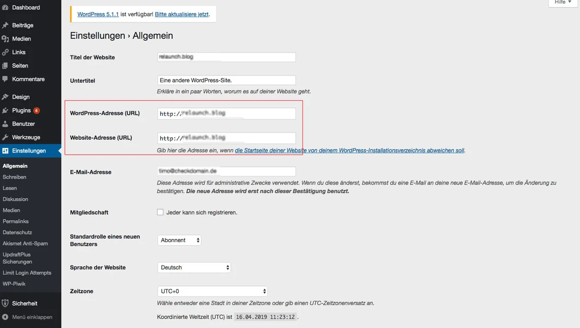 Bildschirmfoto der WordPress-Adminseite Allgemein: Felder für Titel, Untertitel, URLs, E-Mail, Sprache und Zeitzone.