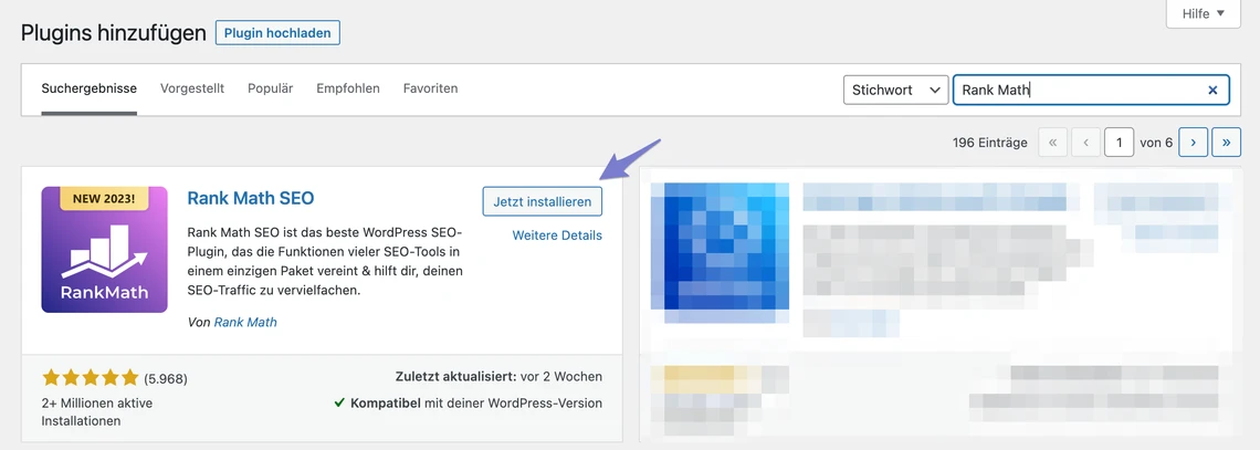 Screenshot eines Browserfensters mit Plugins hinzufügen; Rank Math SEO-Pluginkarte, 'Jetzt installieren', Suchergebnisse.
