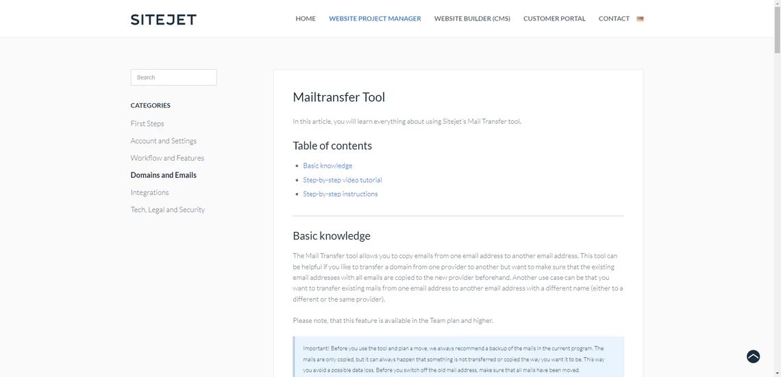 SITEJET-Seite: Kopfzeile, Navigation, linke Kategorien; Hauptbereich mit 'Mailtransfer Tool' und Inhaltsverzeichnis.