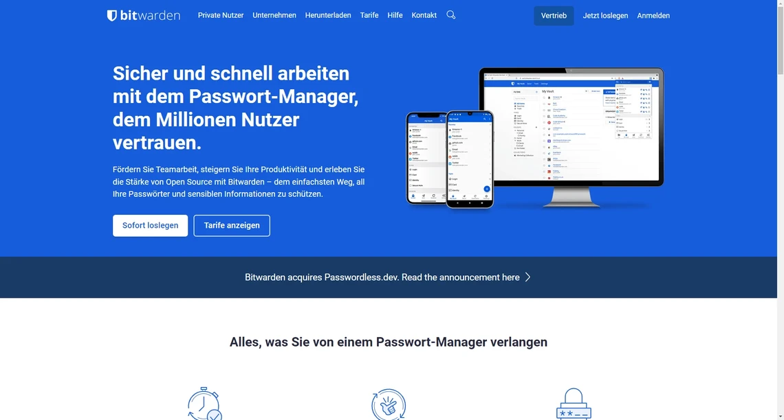 Blauer Header mit Bitwarden-Logo; zentrale Grafik von Monitor- und Smartphone-Bildschirmen; weiße Überschrift und zwei Buttons.