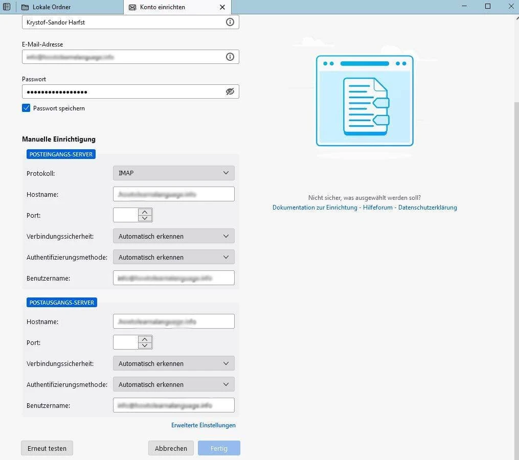 Screenshot eines E-Mail-Einrichtungsvorgangs: Felder E-Mail-Adresse, Passwort, IMAP/SMTP-Server; blaues Dokument-Icon rechts.