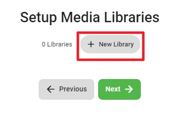UI-Screenshot: Überschrift 'Setup Media Libraries', grauer Button '+ New Library', '0 Libraries' und Pfeil-Buttons 'Previous' und 'Next'.