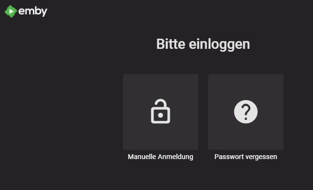 Dunkle Anmeldeseite; Logo oben links; Überschrift Bitte einloggen; zwei quadratische Buttons.