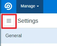 Settings-Seite: Oben blaues Band mit 'Manage', links Hamburger-Menü, Überschrift 'Settings', darunter 'General'.