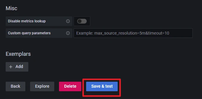 Screenshot eines UI-Fensters mit Abschnitt Misc, Toggle, Eingabefeld und Buttons Back, Explore, Delete, Save & test