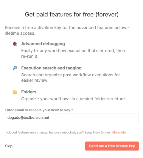 Webseite: Get paid features for free (forever); Abschnitte: Adv. debugging, Exec. search, Folders; E-Mail-Feld und Button