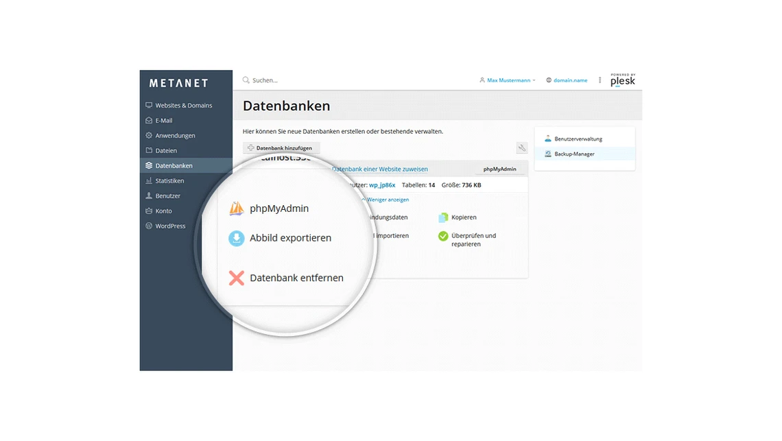 Screenshot einer Web-Datenbankverwaltung; linkes Menü, zentrales Fenster; Zoom zeigt phpMyAdmin, Datenbank entfernen.