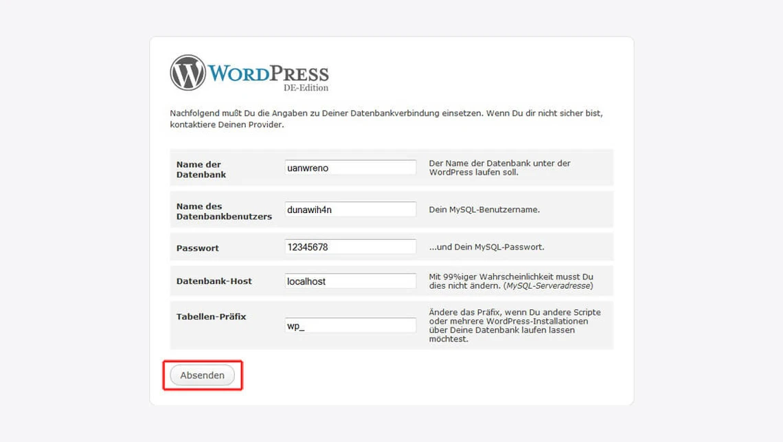 Screenshot einer WordPress-Datenbankverbindungsseite mit Feldern für DB-Name, Benutzer, Passwort, Host; Absenden-Button.