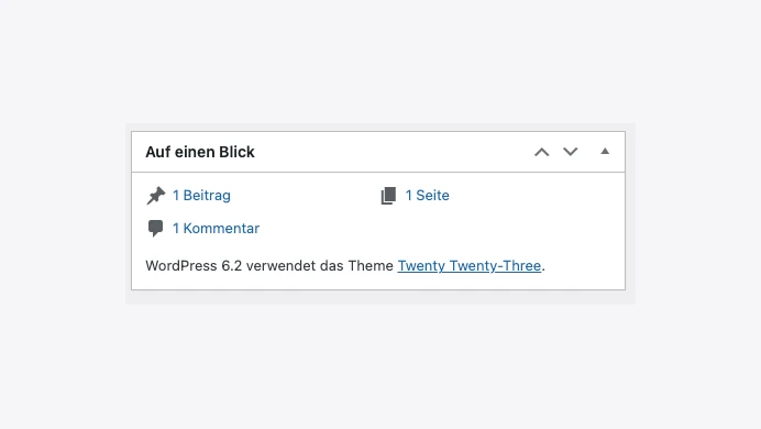 Widget 'Auf einen Blick' im WordPress-Dashboard: 1 Beitrag, 1 Seite, 1 Kommentar.