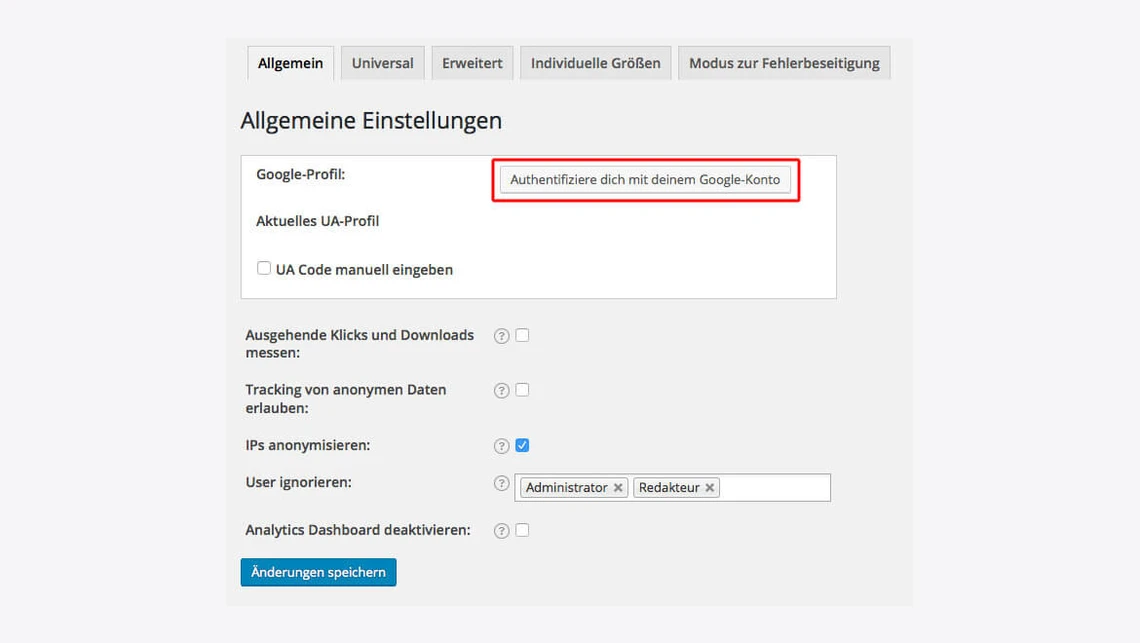 Screenshot der Allgemeinen Einstellungen; roter Rahmen um 'Authentifiziere dich mit deinem Google-Konto'.