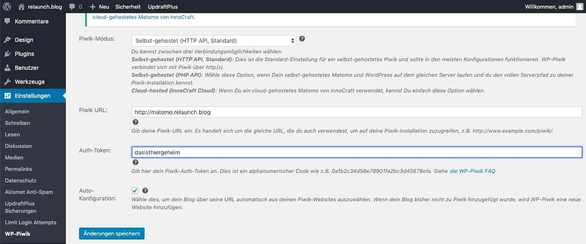 WordPress-Admin: Einstellungen > Allgemein; Felder für WordPress-Adresse (URL) und Website-Adresse (URL)