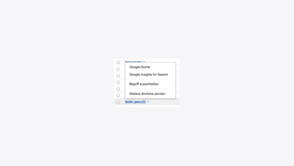 Kleines Dialogfenster mit Checkboxen und Optionen; sichtbare Texte: 'Google-Suche' und 'Begriff ausschließen'.
