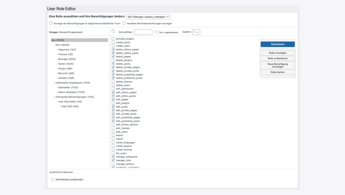 Fenster 'User Role Editor' mit linker Baumnavigation, zentraler Liste und rechtsseitigen Buttons.