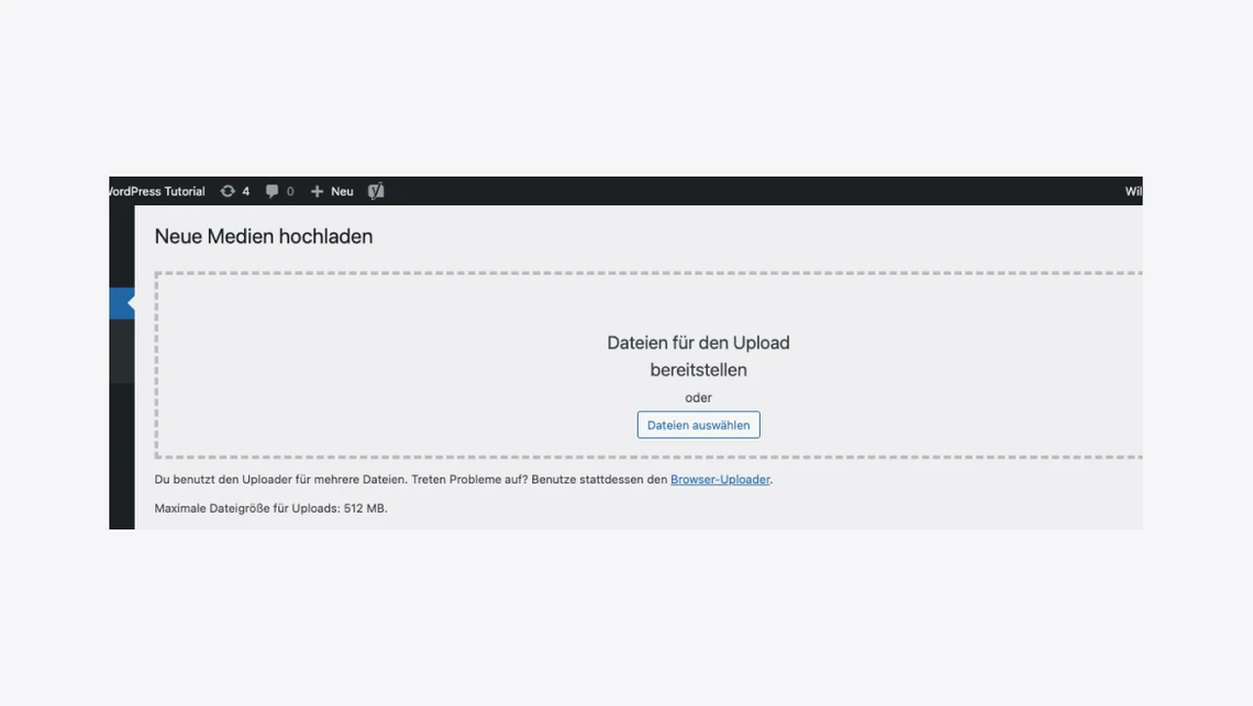 Screenshot von WordPress-Medien-Upload: Upload-Bereich mit Button 'Dateien auswählen'.