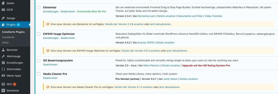 WordPress-Admin-Dashboard mit linker Seitenleiste; Meldungen zu Elementor-Updates in gelben Fenstern.