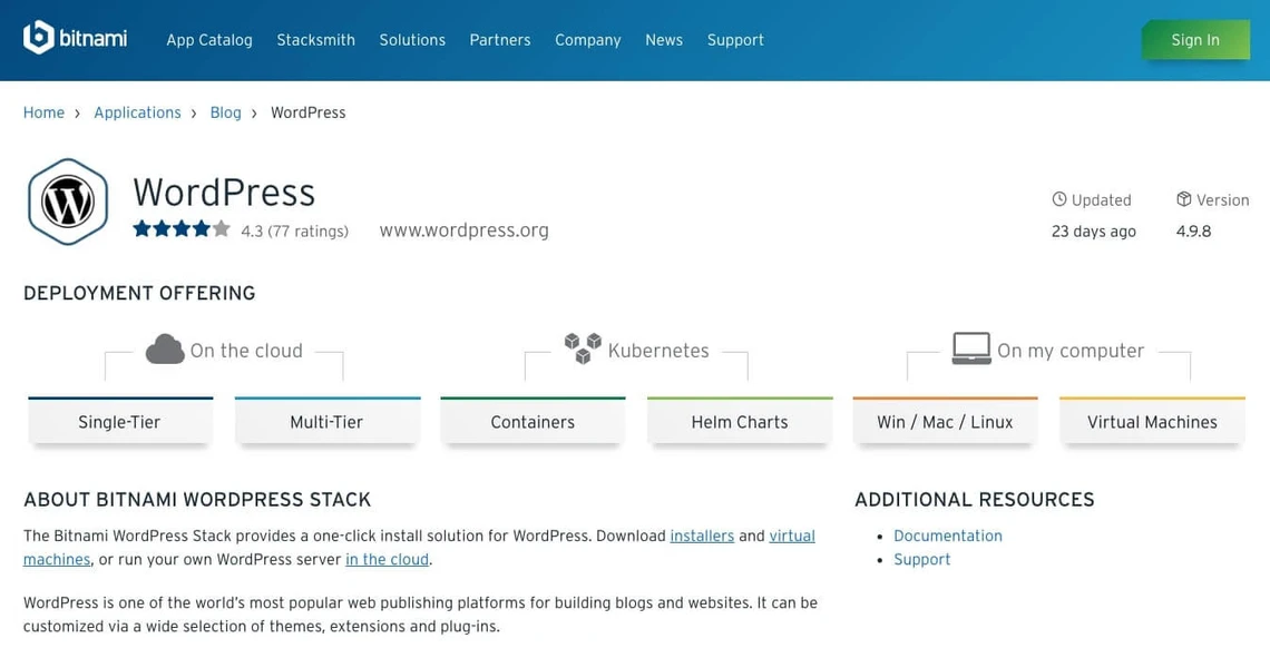 Bitnami WordPress Stack-Seite: WordPress-Titel, Bewertung, Deployment Offering-Registerkarten.