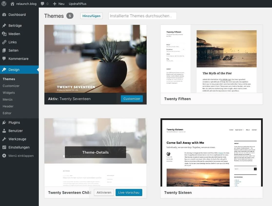 Screenshot der WordPress-Theme-Auswahl: Vier Theme-Vorschauen, links das Admin-Menü mit Design-Optionen.