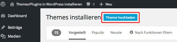 WordPress-Admin: Seite 'Themes installieren' mit blauem Button 'Theme hochladen' und Seitenleiste.