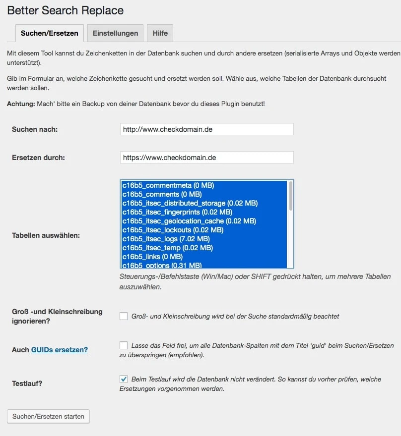 Screenshot der Oberfläche Better Search Replace: Felder Suchen nach, Ersetzen durch, Dropdown-Liste, Checkboxen, Start-Button.