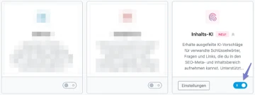 Drei unscharfe, quadratische Karten nebeneinander; rechte Karte zeigt Text und die Schaltfläche Einstellungen.