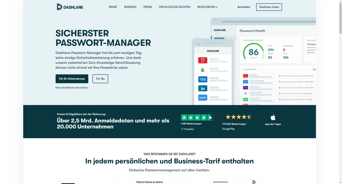 Screenshot einer Website mit hellem Banner links, Überschrift 'Sicherster Passwort-Manager' und Dashboard-Vorschaubild rechts.