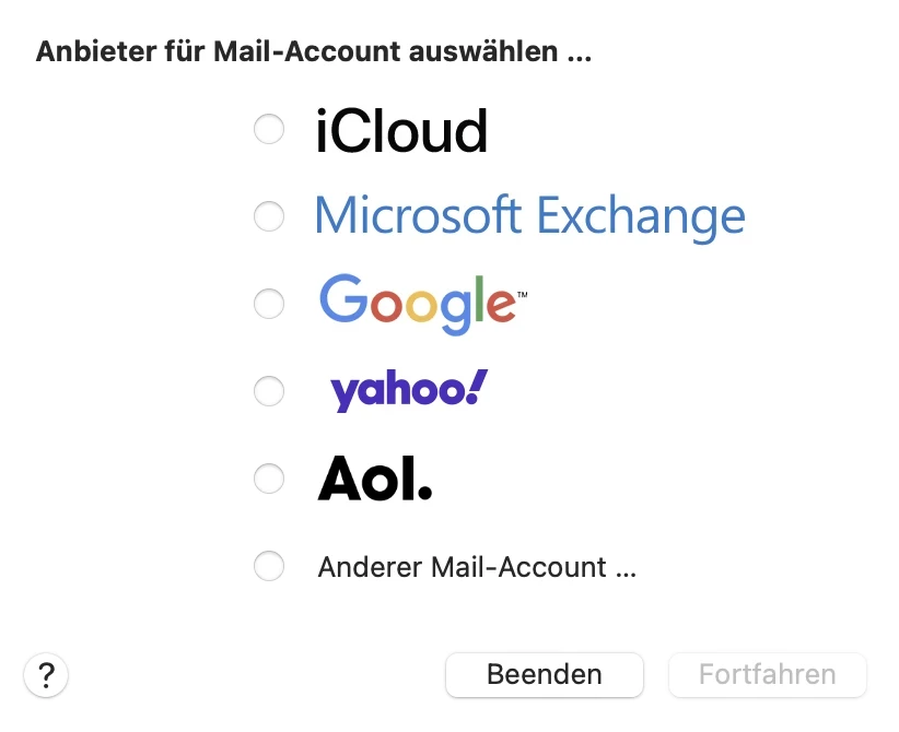 Dialog: Mail-Anbieter auswählen mit Radiobuttons (iCloud, Microsoft Exchange, Google, Yahoo!, AOL, Anderer Mail-Account).