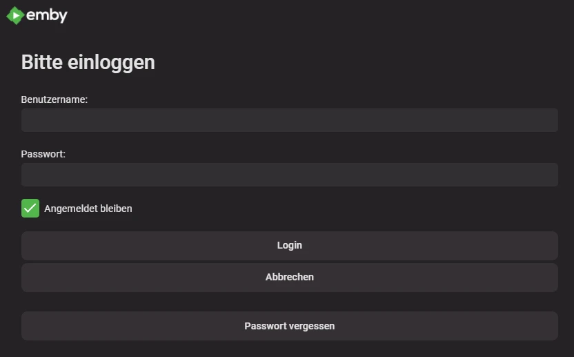 Emby-Login: dunkles Fenster mit Benutzername/Passwort, Checkbox Angemeldet bleiben, Buttons Login, Passwort vergessen.