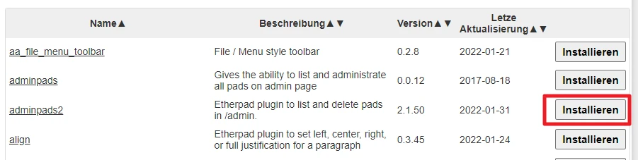 Vier Plugins in einer Tabelle (aa_file_menu_toolbar, adminpads, adminpads2, align); rechts Installieren-Buttons.