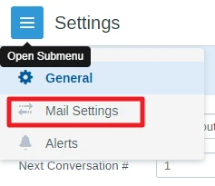 Screenshot eines Einstellungs-Menüs mit geöffnetem Untermenü; 'Mail Settings' ist hervorgehoben, daneben steht 'General'.