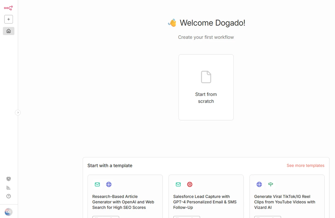 Weißes Dashboard mit zentraler Karte Start from scratch, oben die Meldung Welcome Dogado!, unten Vorlagenkarten.