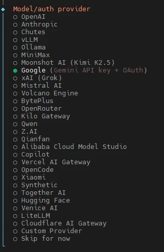 Terminalfenster mit einer Liste von Modell-/Anbieter-Namen: OpenAI, Anthropic, Google Gemini, xAI, Mistral AI, Hugging Face.